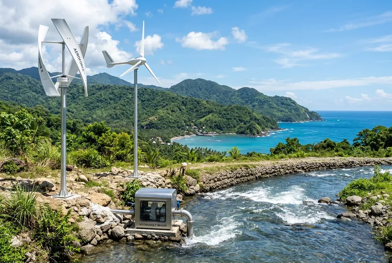 Small wind turbines and micro-hydro turbine system along a clean river