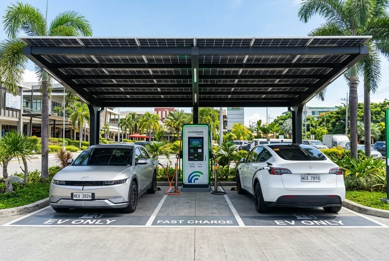 Commercial solar EV charging station with cantilever solar carport canopy and DC fast charger