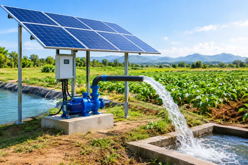Solar powered agricultural water pump system irrigating farmland